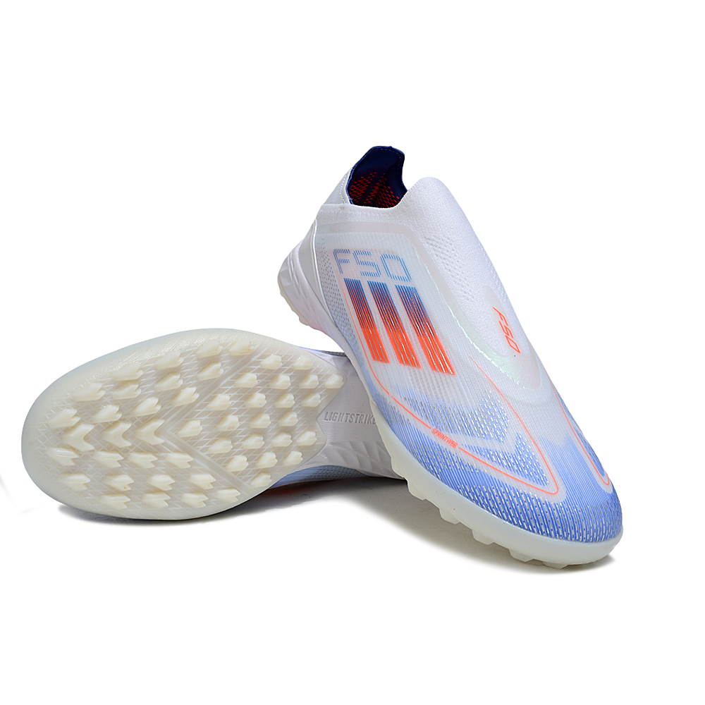 Chuteira Society Adidas F50+TF Branco, Azul e Laranja