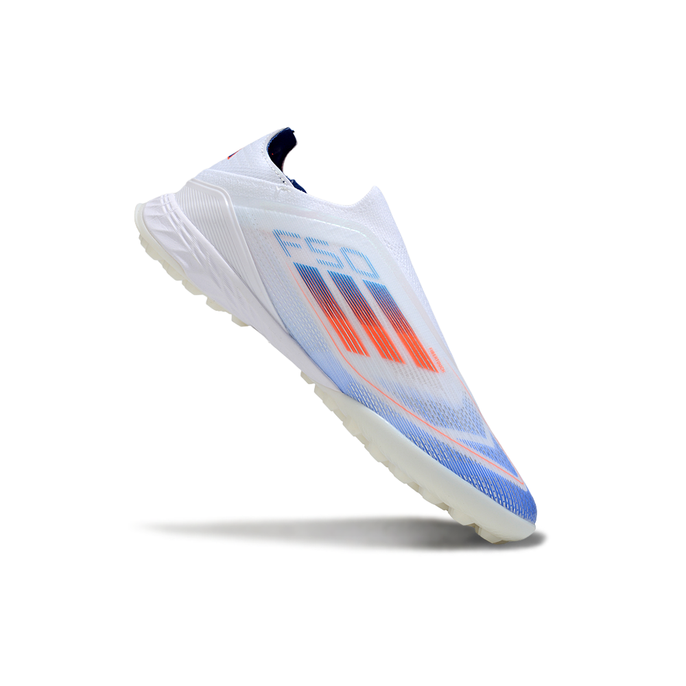 Chuteira Society Adidas F50+TF Branco, Azul e Laranja