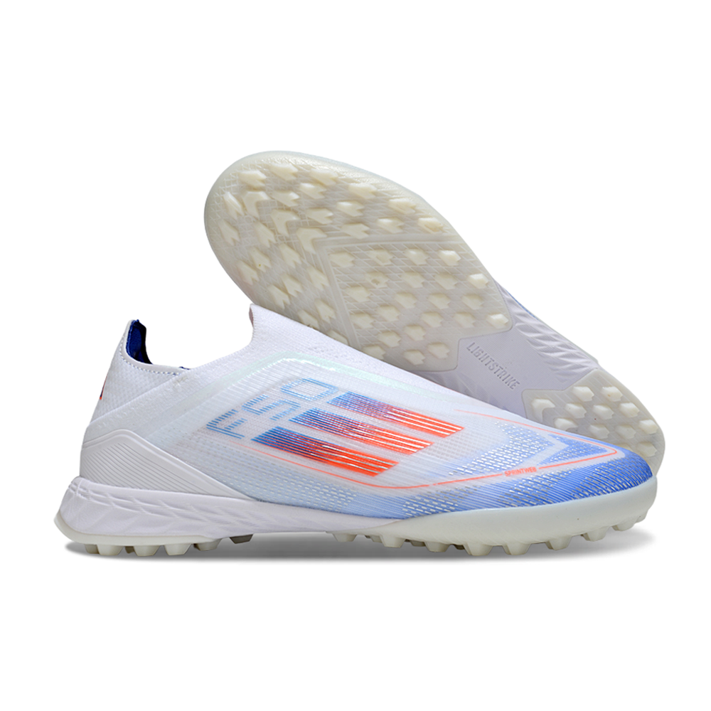 Chuteira Society Adidas F50+TF Branco, Azul e Laranja