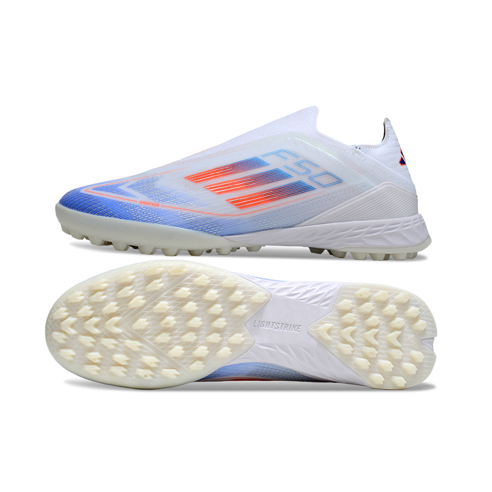 Chuteira Society Adidas F50+TF Branco, Azul e Laranja