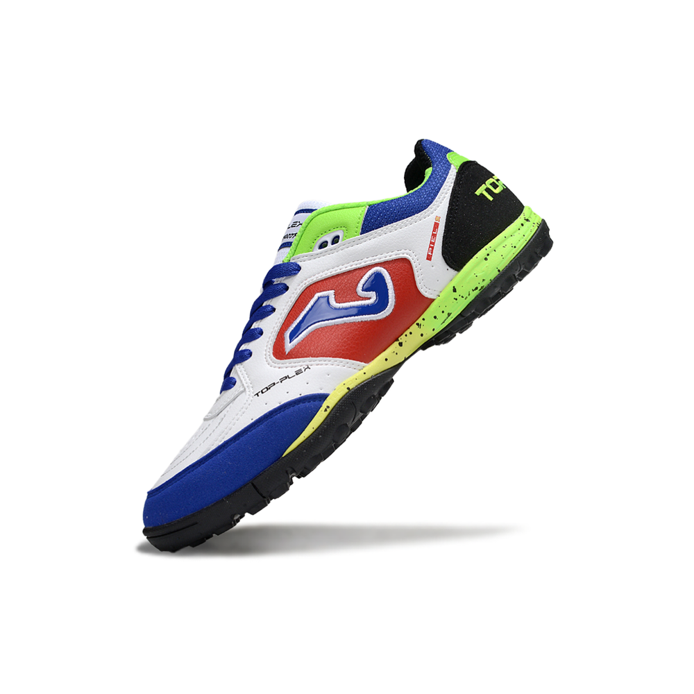 Chuteira Society Joma Top Flex TF Branco, Azul, Verde e Vermelho