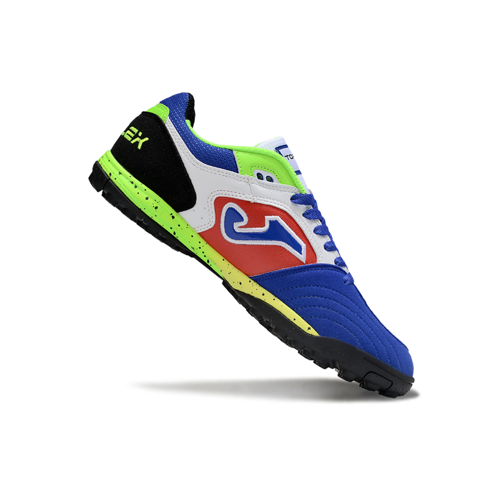 Chuteira Society Joma Top Flex TF Branco, Azul, Verde e Vermelho