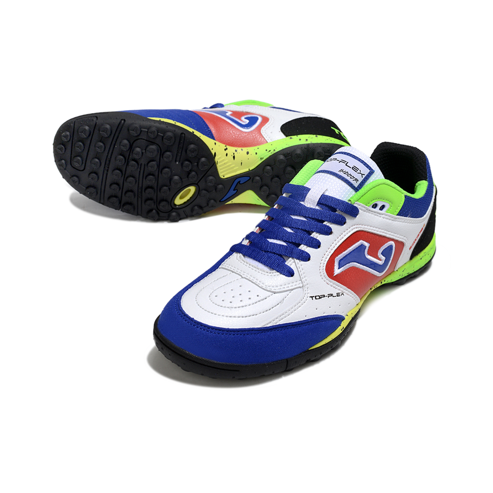 Chuteira Society Joma Top Flex TF Branco, Azul, Verde e Vermelho
