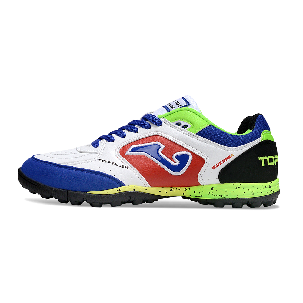 Chuteira Society Joma Top Flex TF Branco, Azul, Verde e Vermelho