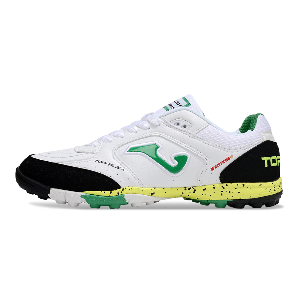 Chuteira Society Joma Top Flex TF Branco, Preto, Verde e Amarelo