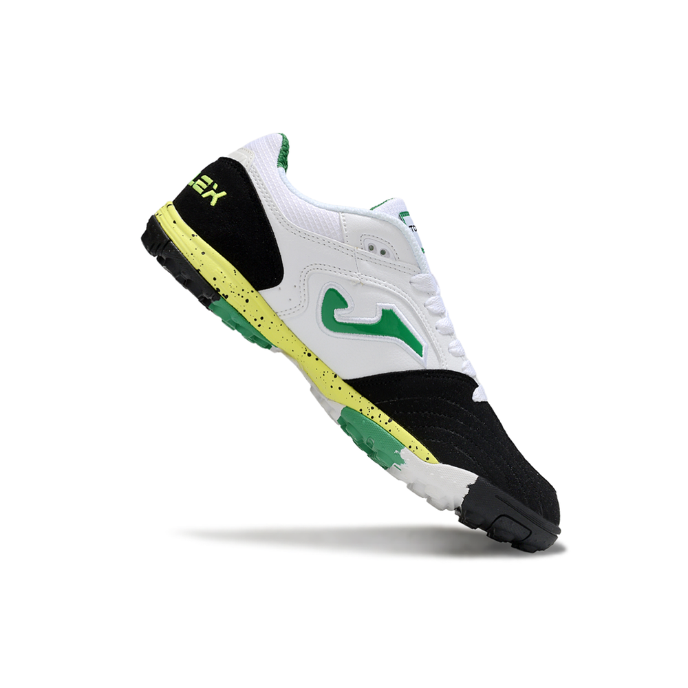 Chuteira Society Joma Top Flex TF Branco, Preto, Verde e Amarelo