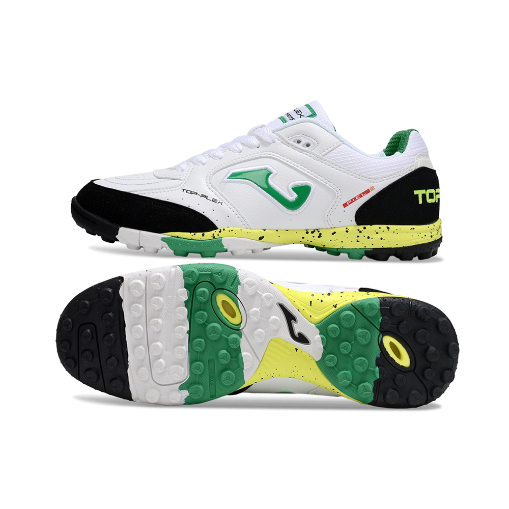 Chuteira Society Joma Top Flex TF Branco, Preto, Verde e Amarelo