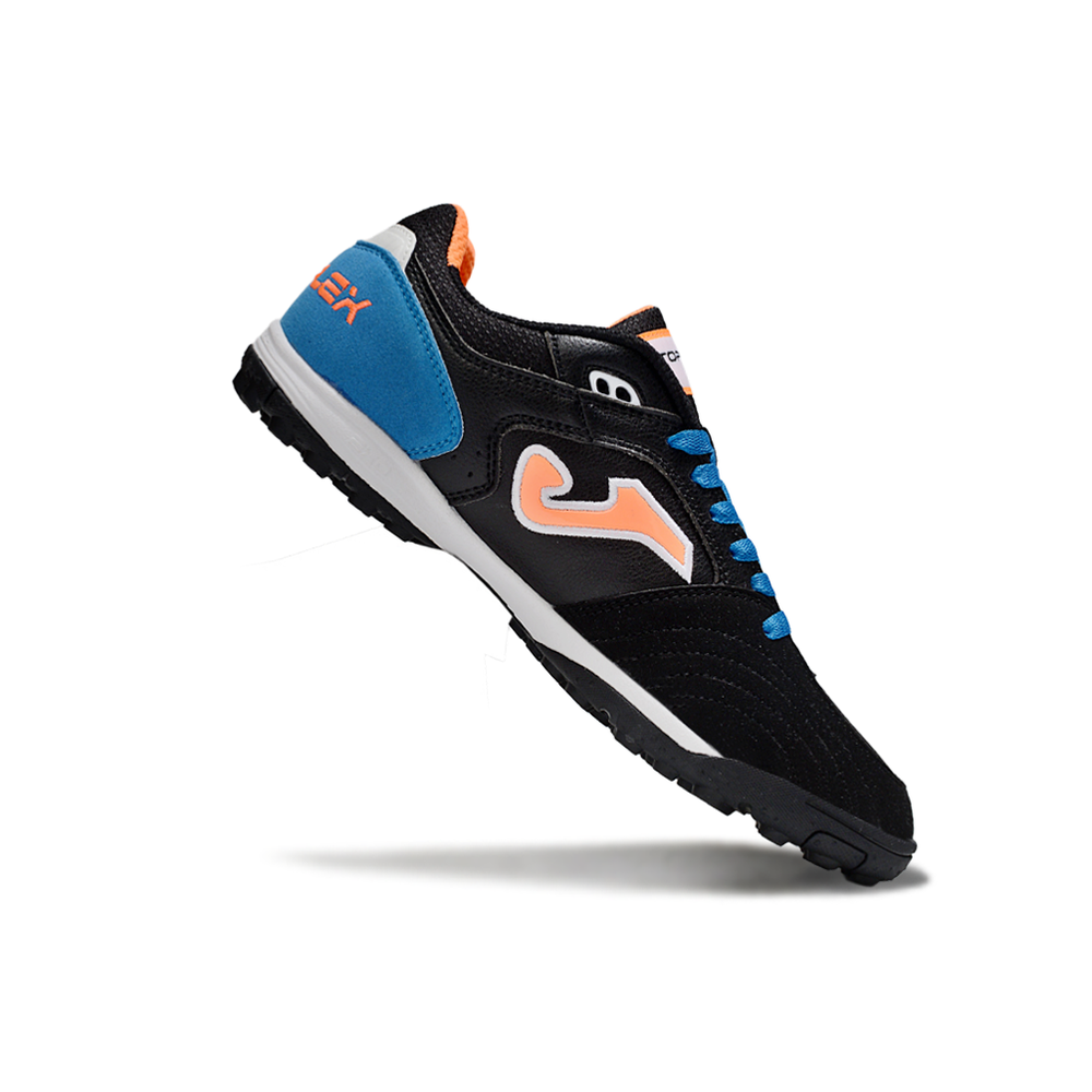 Chuteira Society Joma Top Flex TF Preto, Azul e Laranja