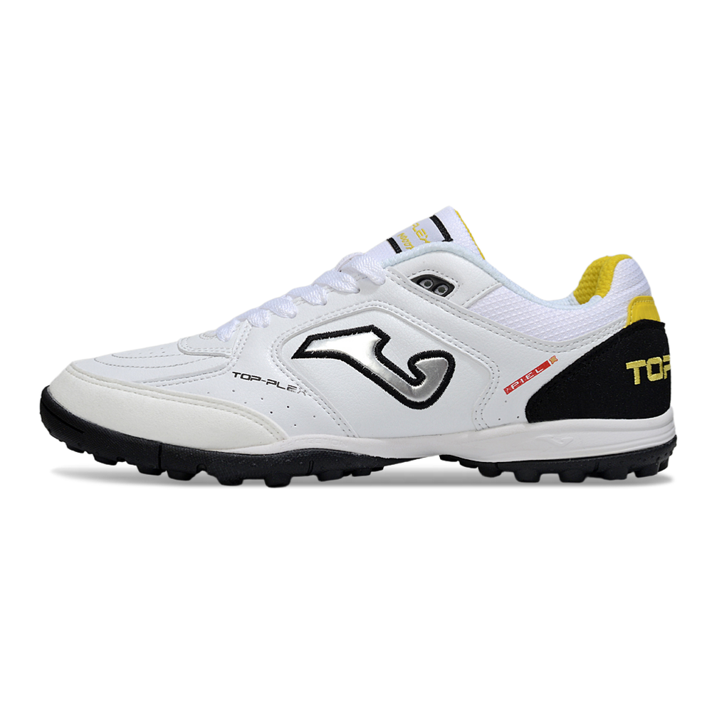 Chuteira Society Joma Top Flex TF Branco, Preto e Amarelo