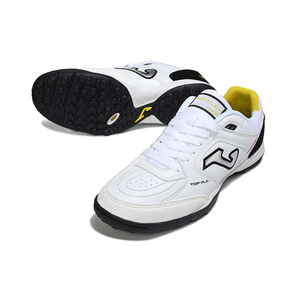 Chuteira Society Joma Top Flex TF Branco, Preto e Amarelo