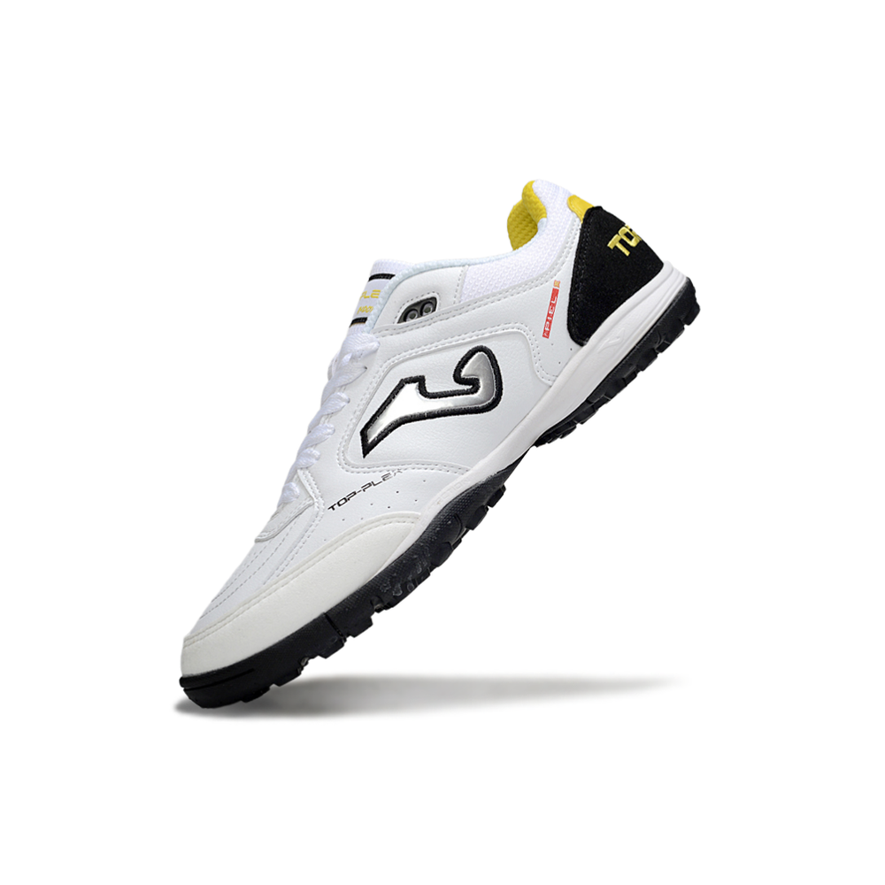 Chuteira Society Joma Top Flex TF Branco, Preto e Amarelo