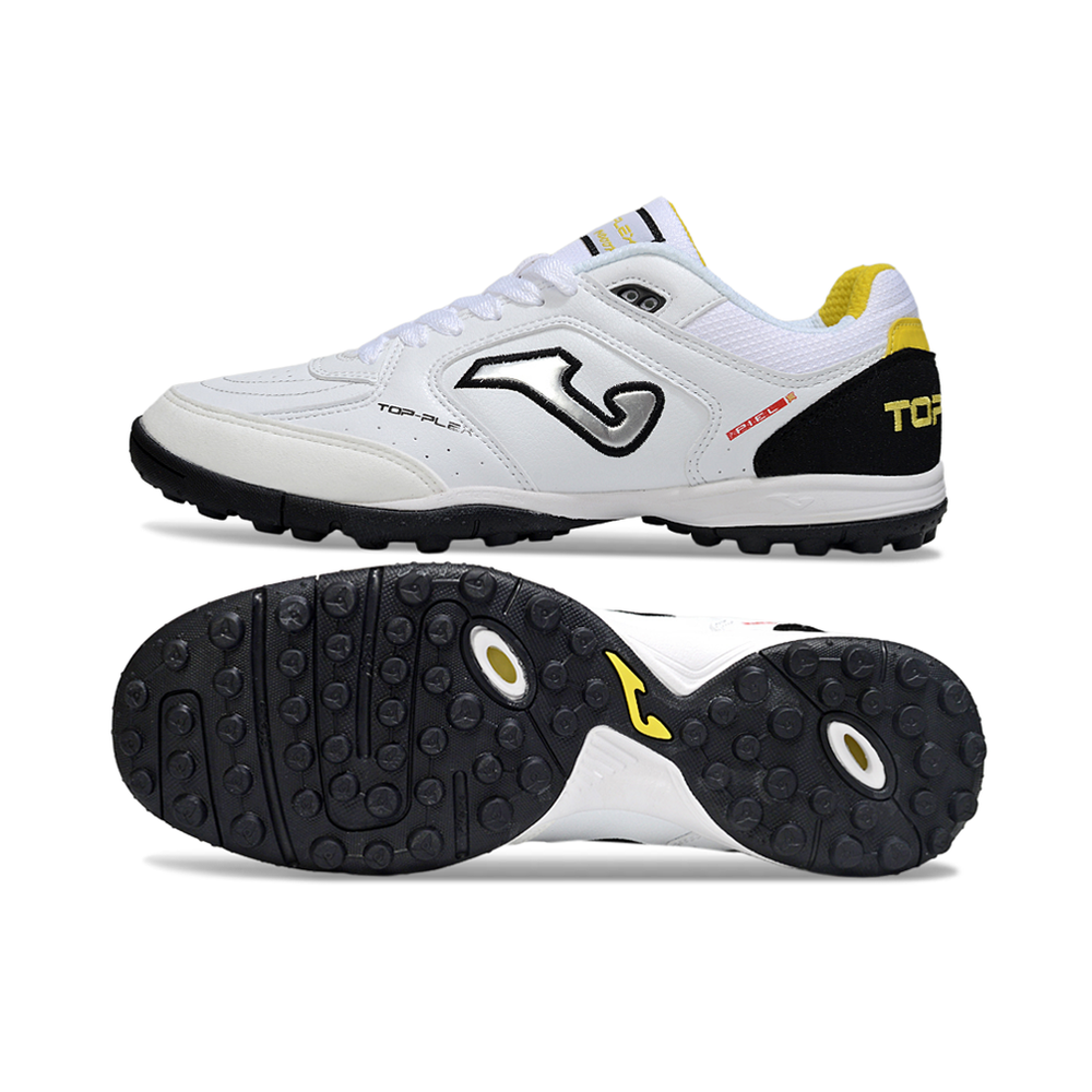 Chuteira Society Joma Top Flex TF Branco, Preto e Amarelo