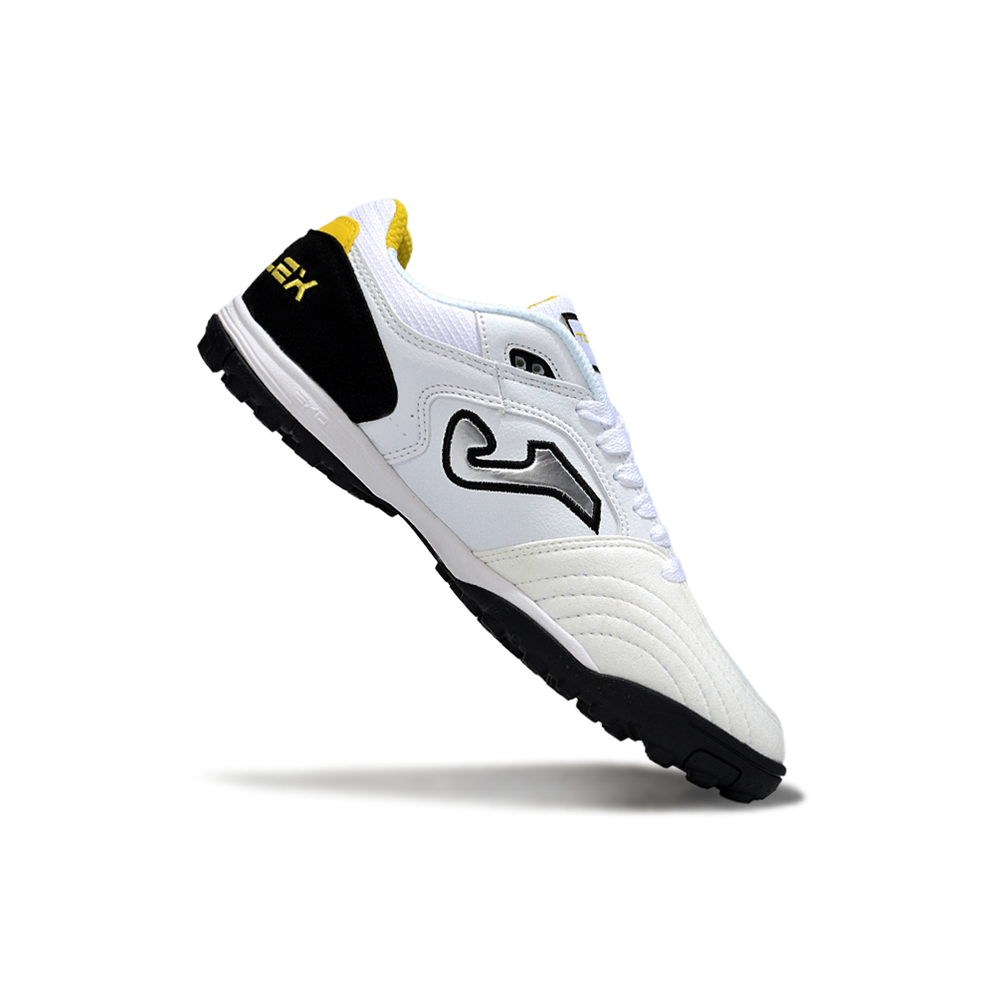 Chuteira Society Joma Top Flex TF Branco, Preto e Amarelo