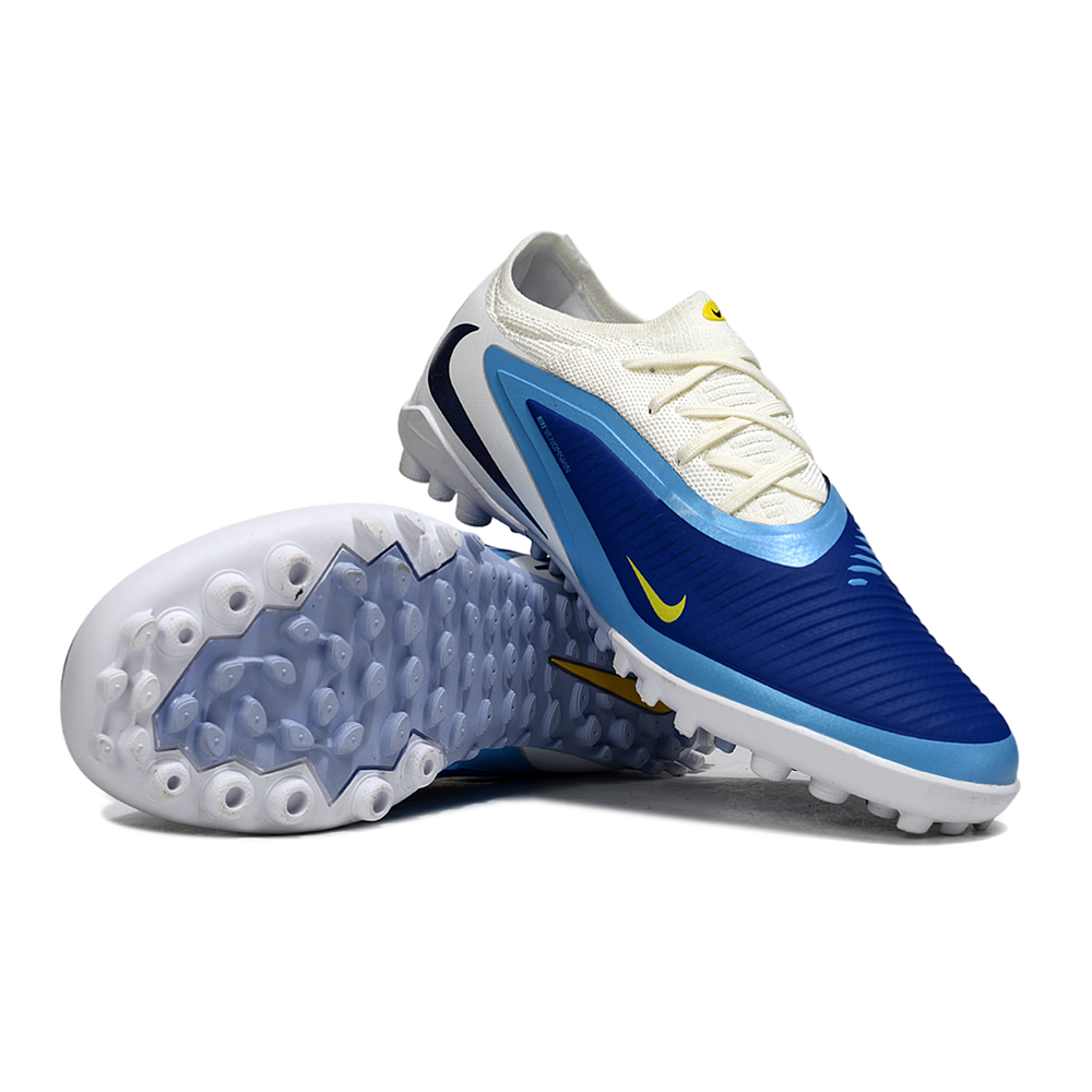 Chuteira Society Nike Phantom ReactX 6 Pro TF Branco e Azul