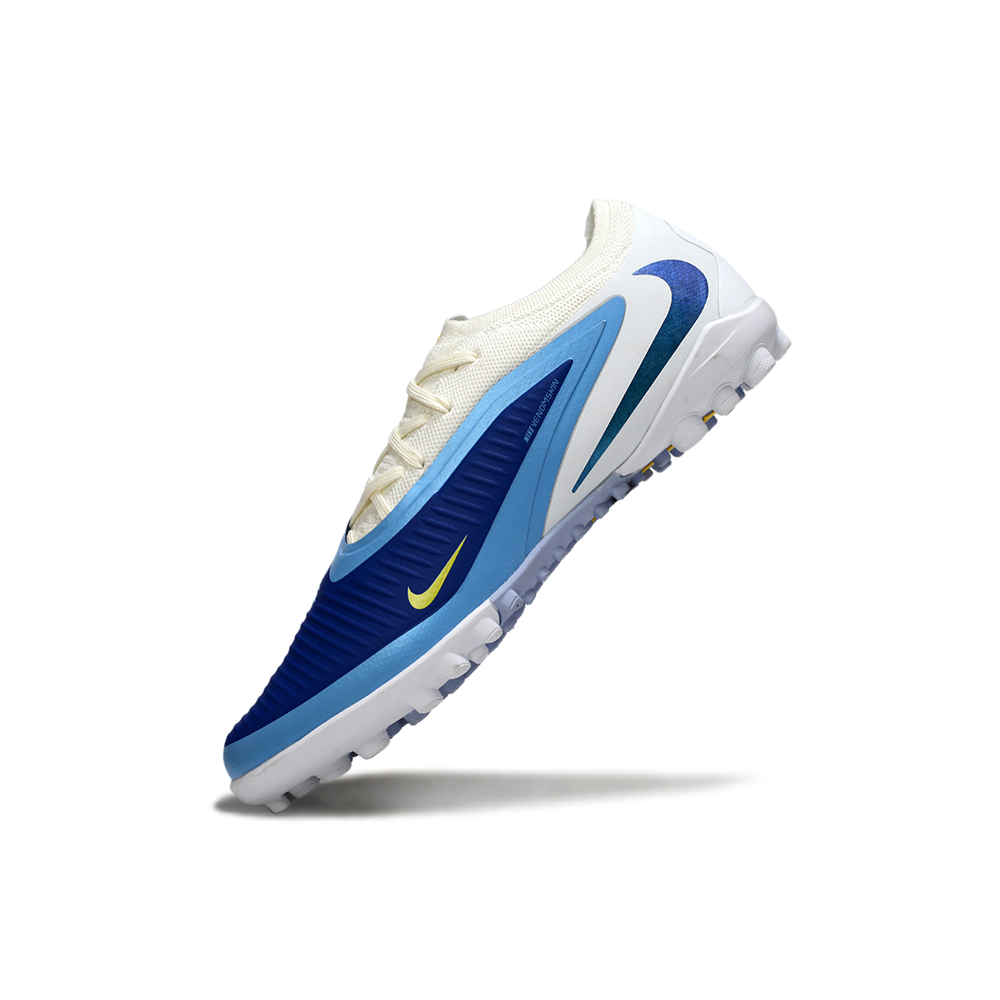 Chuteira Society Nike Phantom ReactX 6 Pro TF Branco e Azul