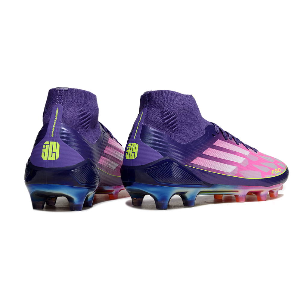 Chuteira Campo Adidas F50 Cano Médio FG Roxo, Rosa e Verde "Lamine Yamal"