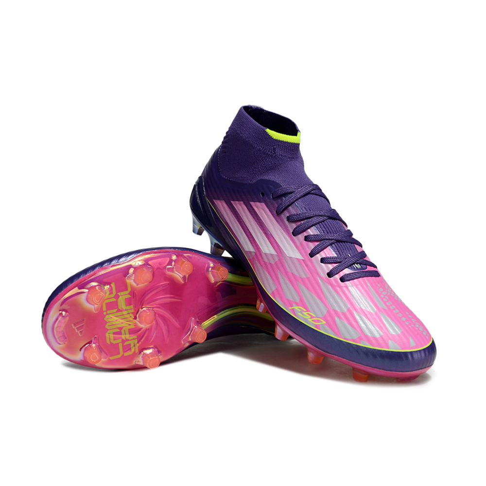 Chuteira Campo Adidas F50 Cano Médio FG Roxo, Rosa e Verde "Lamine Yamal"