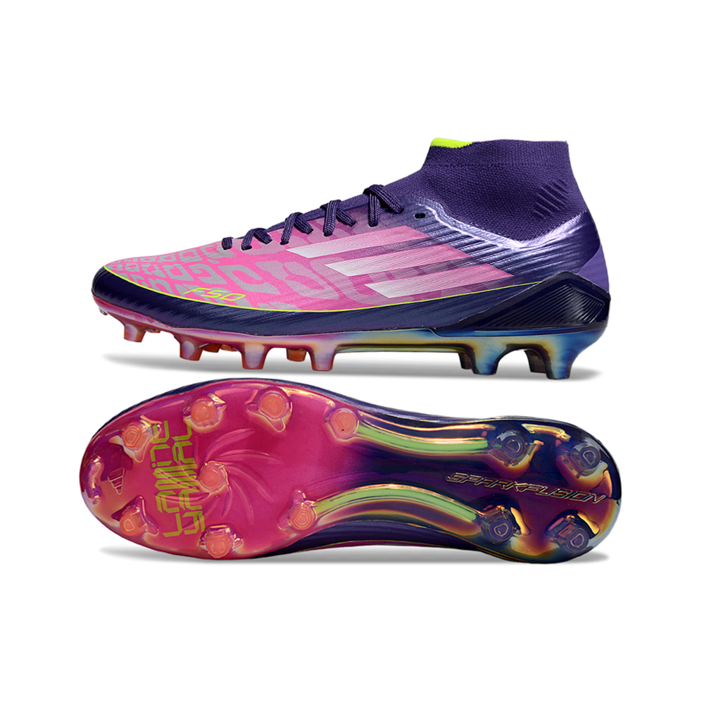 Chuteira Campo Adidas F50 Cano Médio FG Roxo, Rosa e Verde "Lamine Yamal"