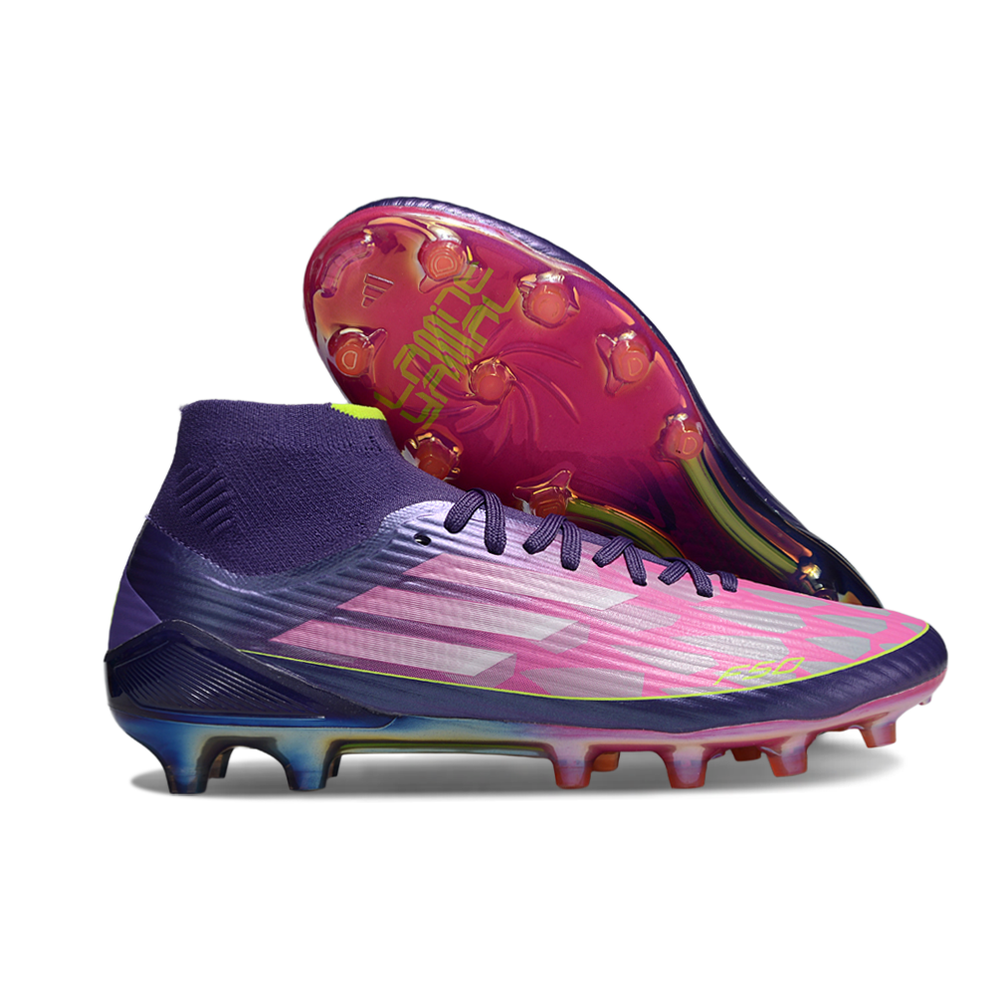 Chuteira Campo Adidas F50 Cano Médio FG Roxo, Rosa e Verde "Lamine Yamal"