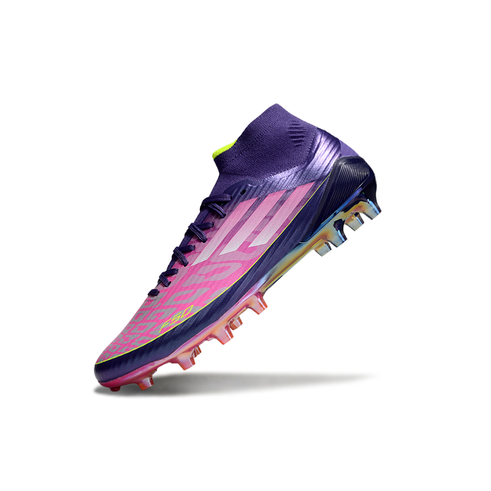 Chuteira Campo Adidas F50 Cano Médio FG Roxo, Rosa e Verde "Lamine Yamal"