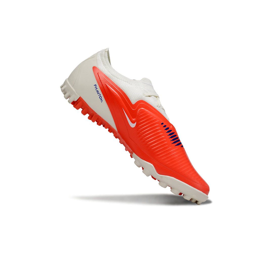 Chuteira Society Nike Phantom ReactX 6 Pro TF Branco, Laranja e Azul