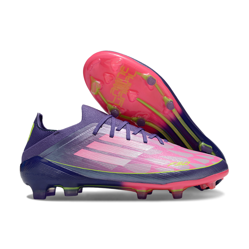 Chuteira Campo Adidas F50 FG Roxo, Rosa e Verde "Lamine Yamal"