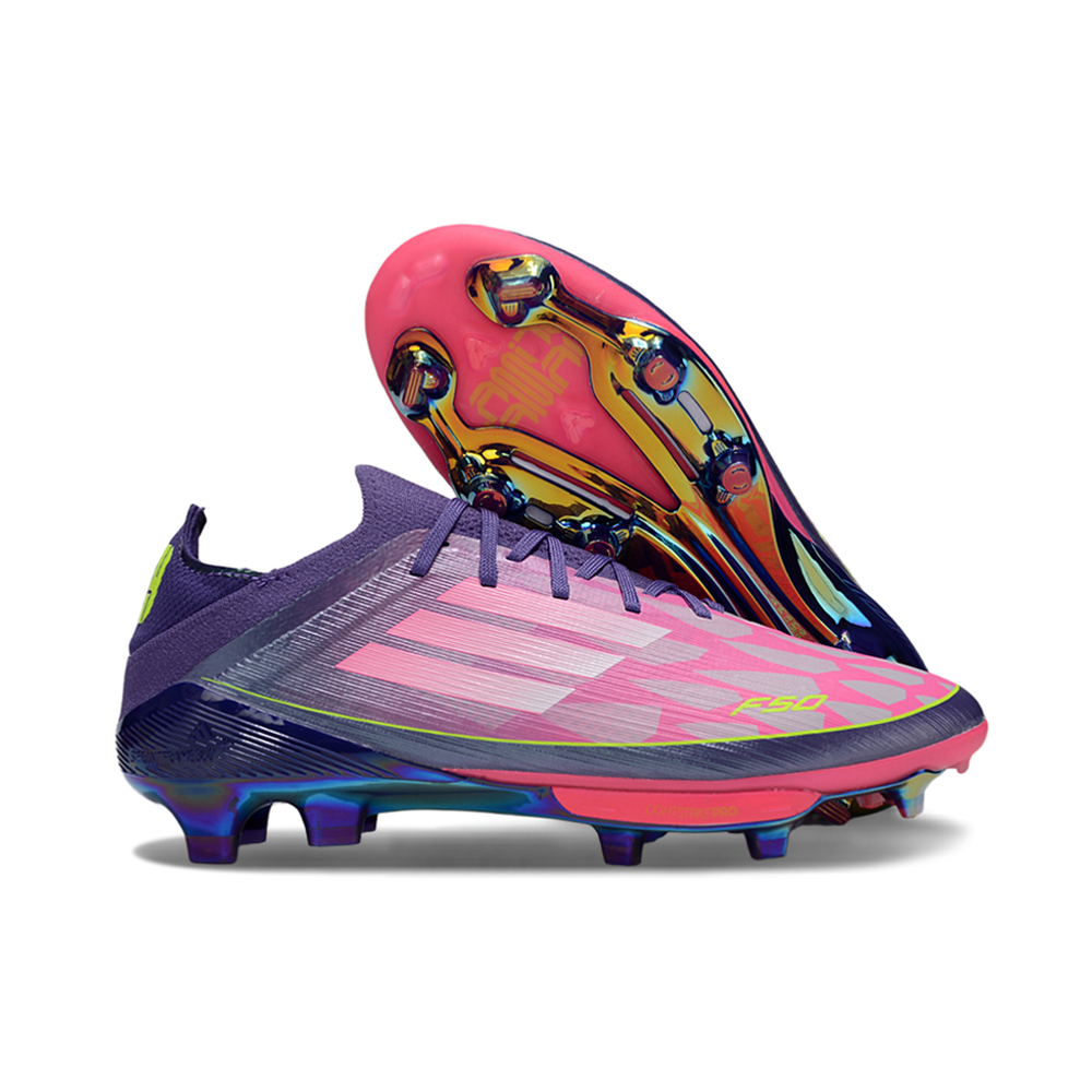Chuteira Campo Adidas F50+ FG Roxo, Rosa e Verde "Lamine Yamal"