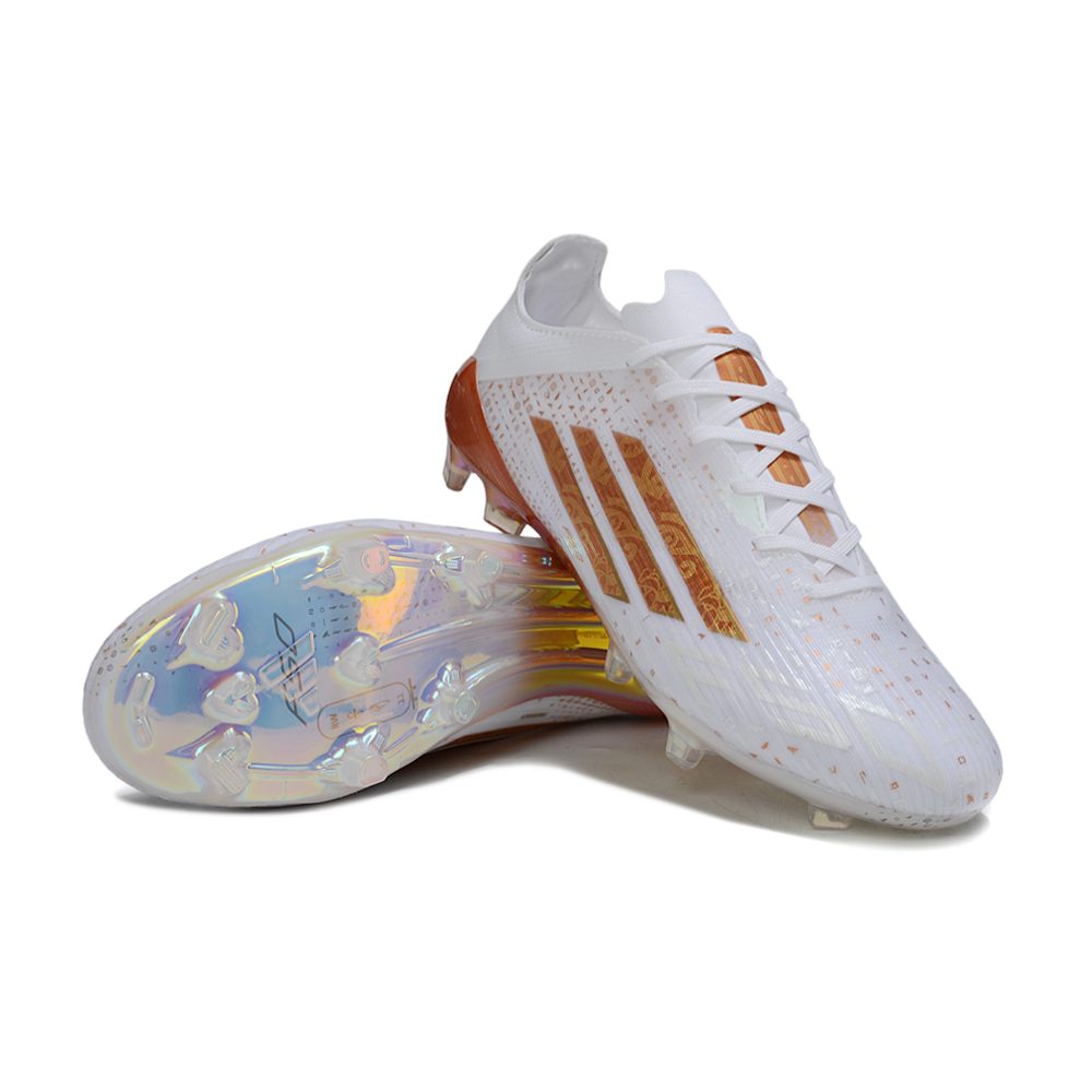 Chuteira Campo Adidas F50 FG Branco e Dourado