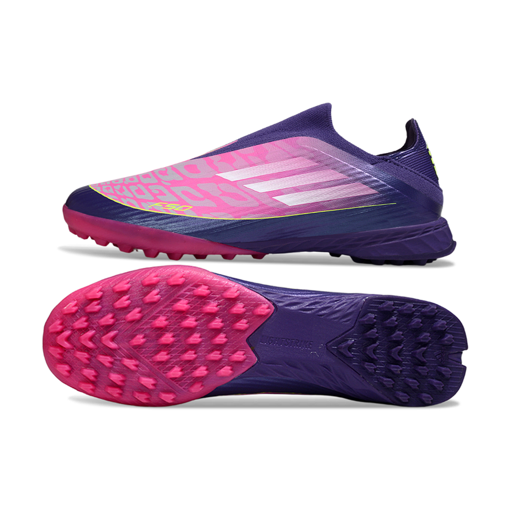 Chuteira Society Adidas F50+ TF Roxo e Rosa "Yamal"