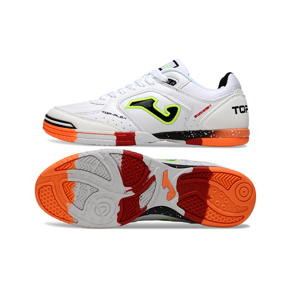 Chuteira Futsal Joma Top Flex Rebound IC Branco, Preto, Laranja e Verde 