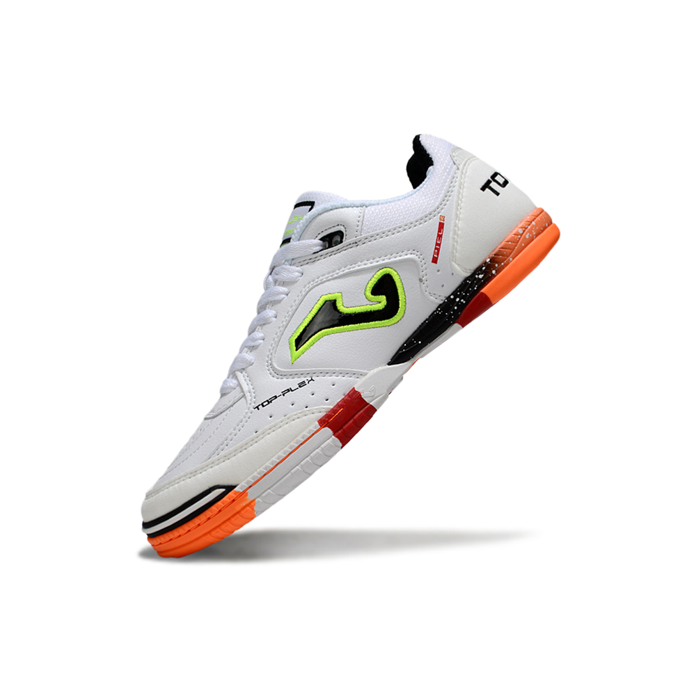 Chuteira Futsal Joma Top Flex Rebound IC Branco, Preto, Laranja e Verde 