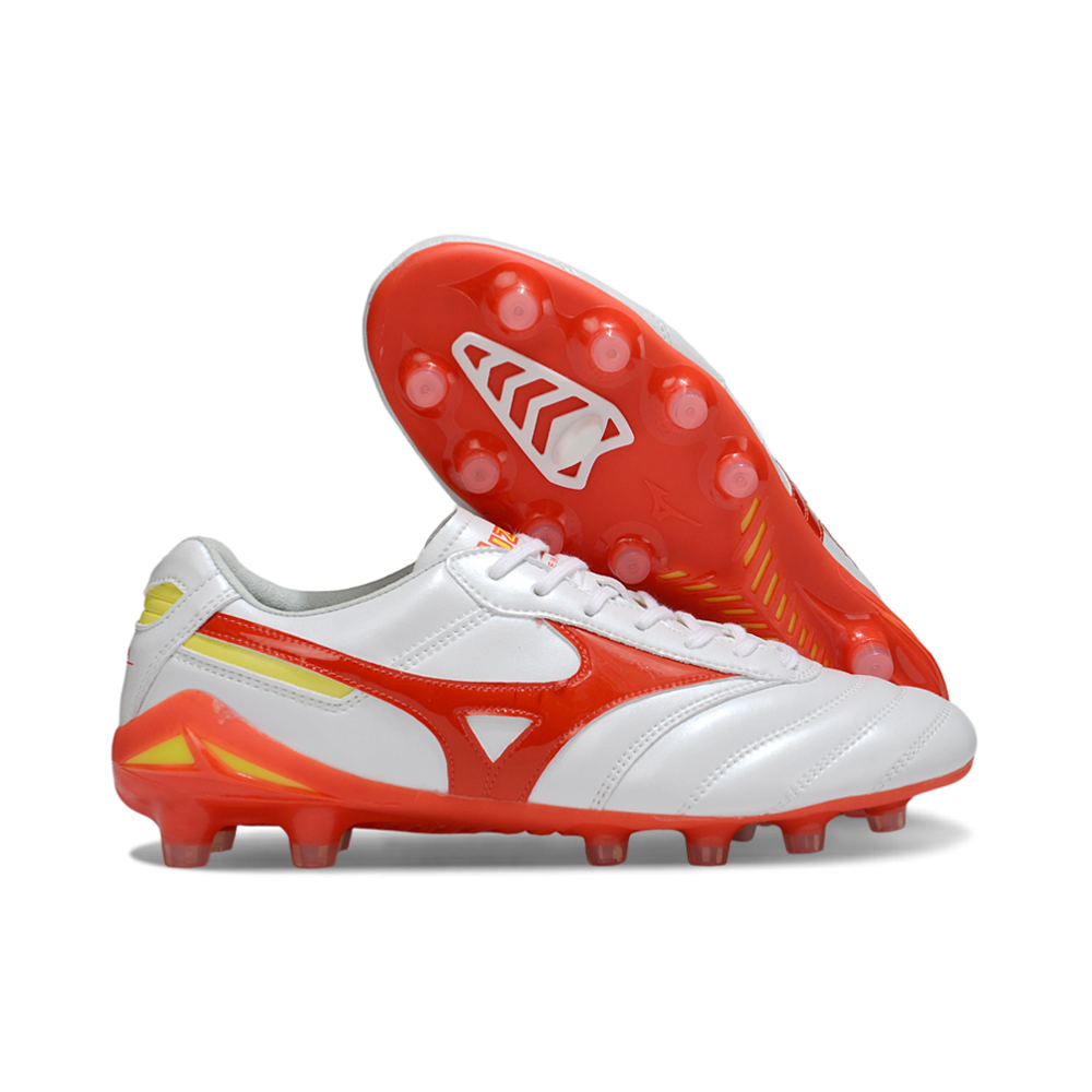 Chuteira Campo Mizuno Morelia DNA FG Branco, Vermelho e Amarelo "Release Pack"
