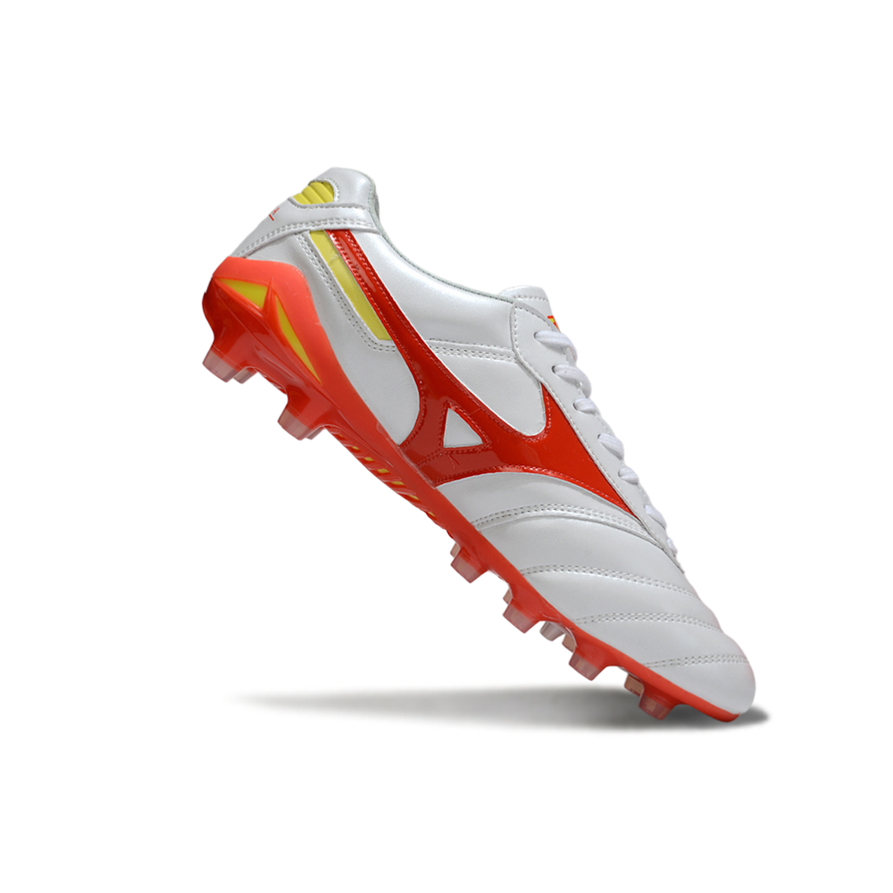 Chuteira Campo Mizuno Morelia DNA FG Branco, Vermelho e Amarelo "Release Pack"