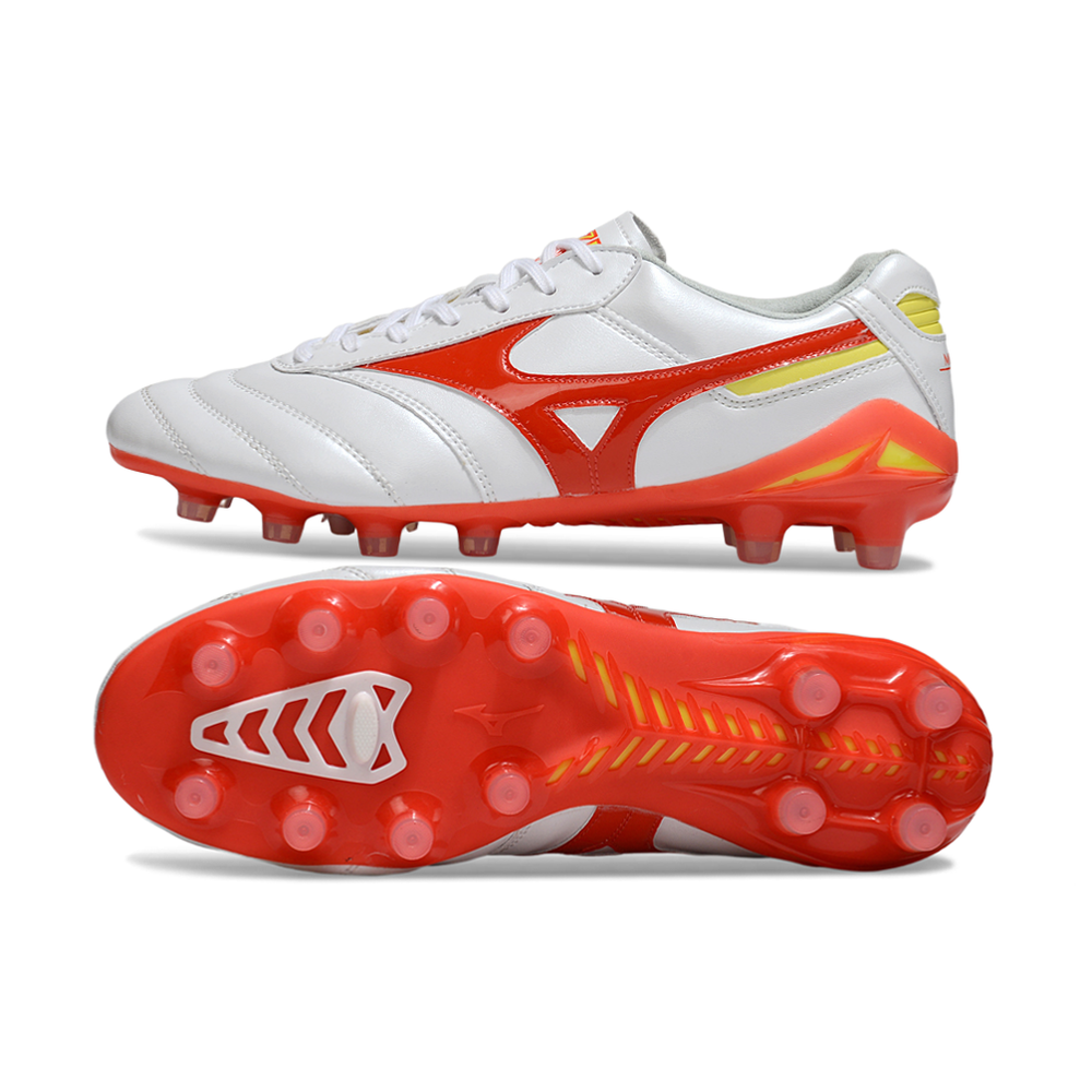 Chuteira Campo Mizuno Morelia DNA FG Branco, Vermelho e Amarelo "Release Pack"