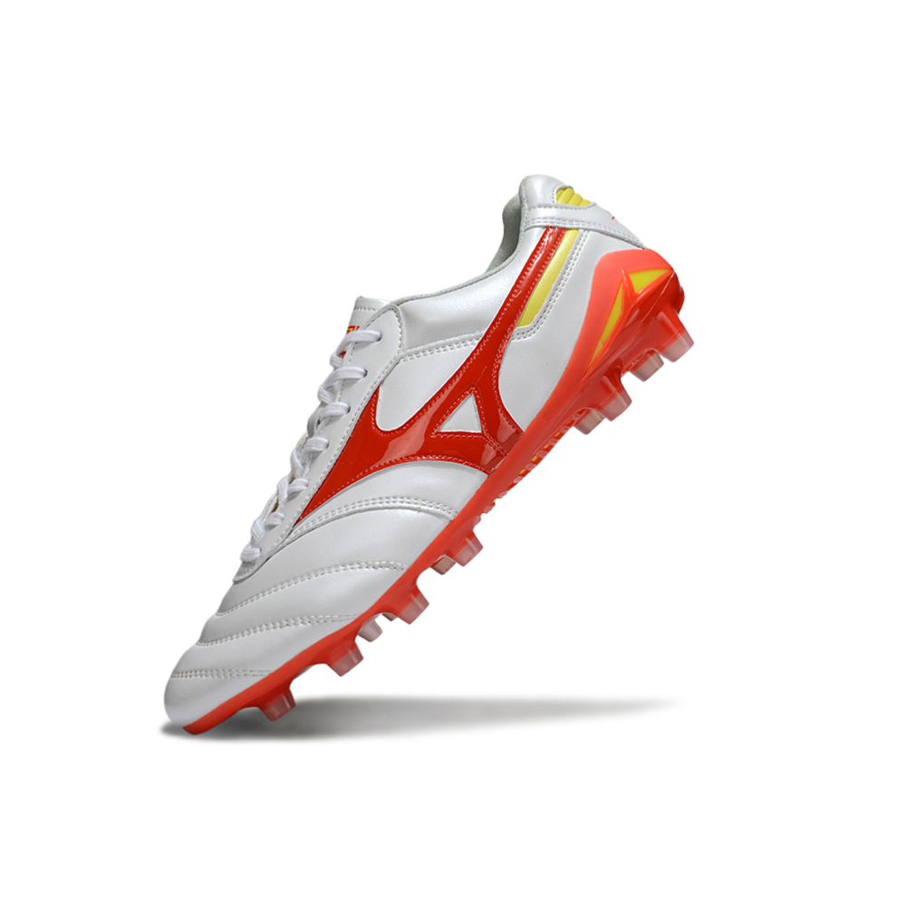 Chuteira Campo Mizuno Morelia DNA FG Branco, Vermelho e Amarelo "Release Pack"