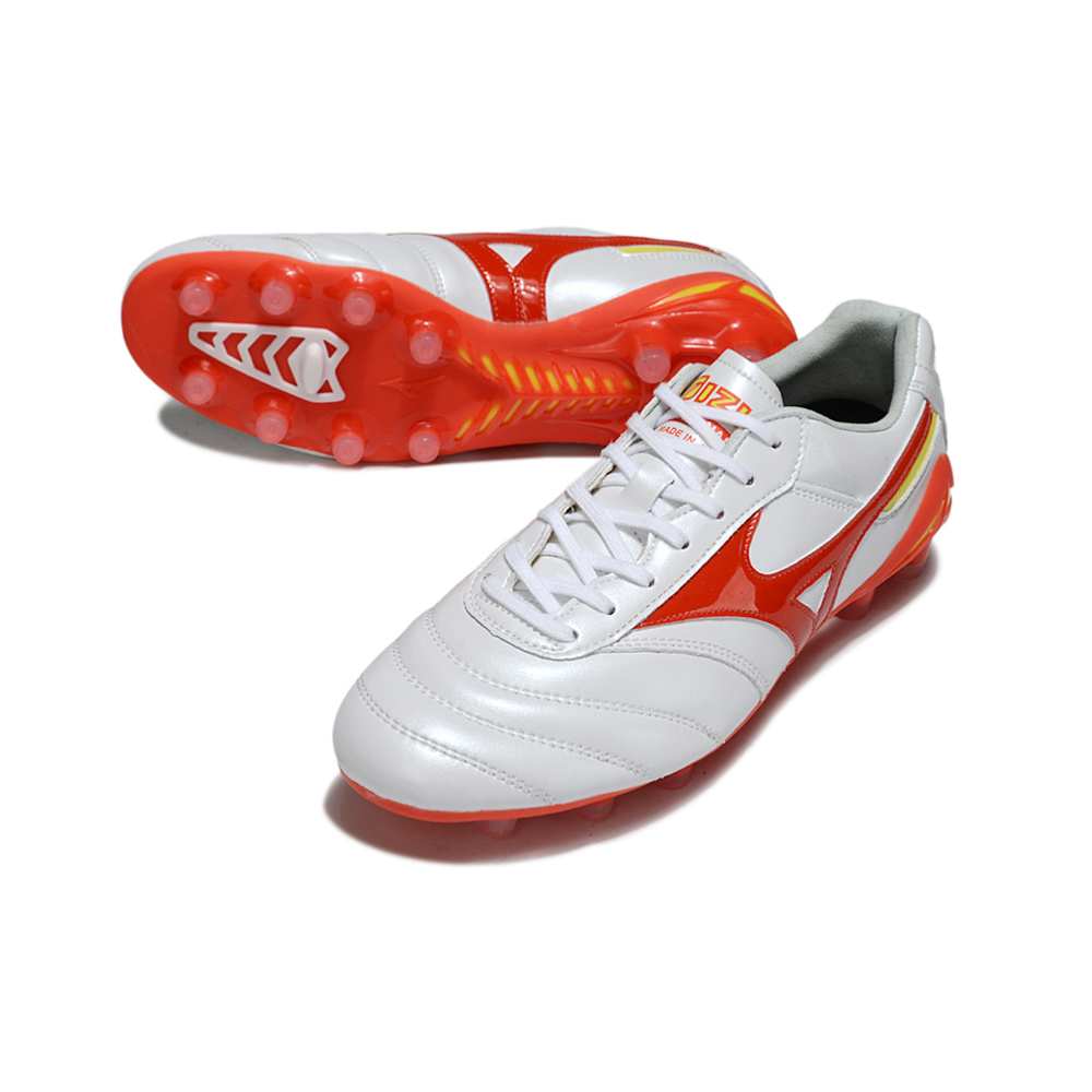 Chuteira Campo Mizuno Morelia DNA FG Branco, Vermelho e Amarelo "Release Pack"