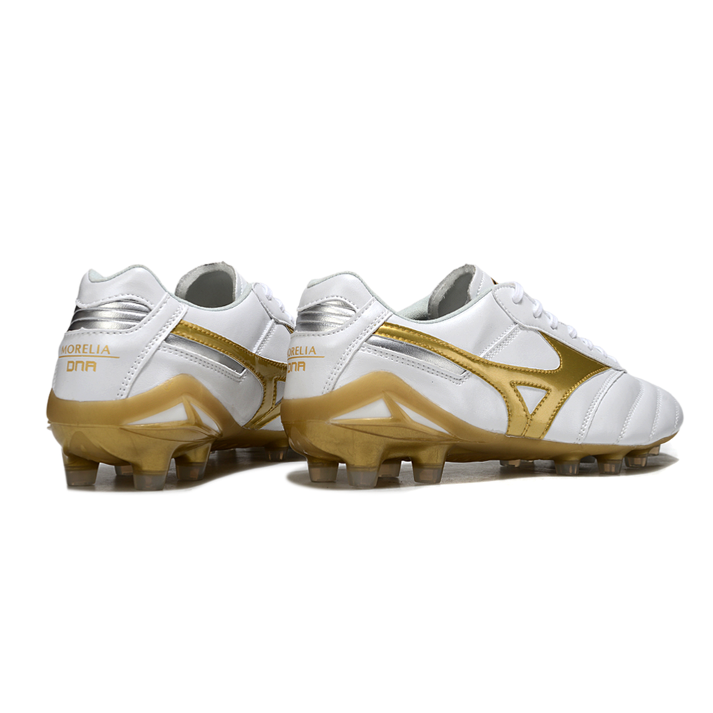 Chuteira Campo Mizuno Morelia DNA FG Branca e Dourada