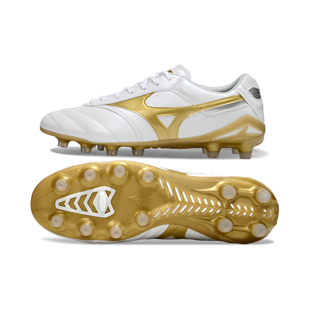 Chuteira Campo Mizuno Morelia DNA FG Branca e Dourada