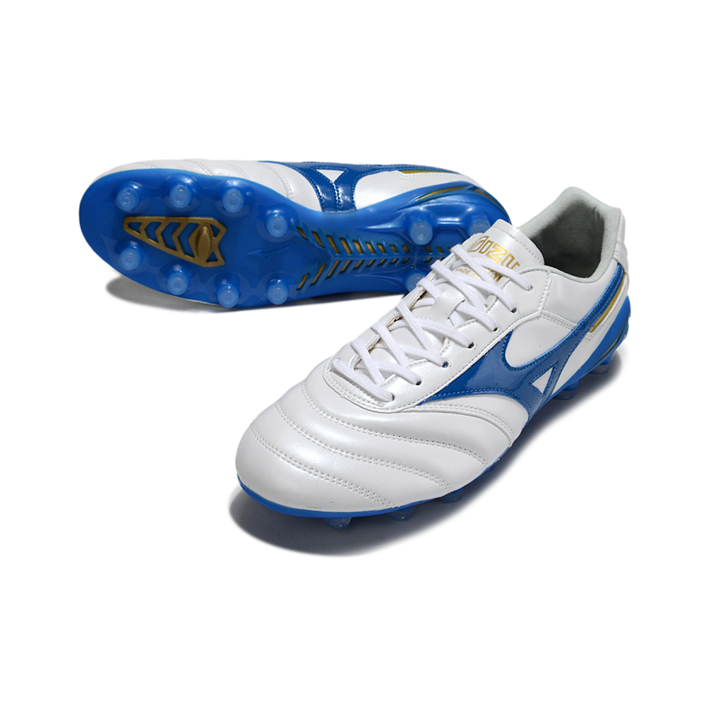 Chuteira Campo Mizuno Morelia DNA FG Branca e Azul "Mugen Pack"