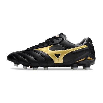 Chuteira Campo Mizuno Morelia DNA FG Preta e Dourada "Aurum Pack"