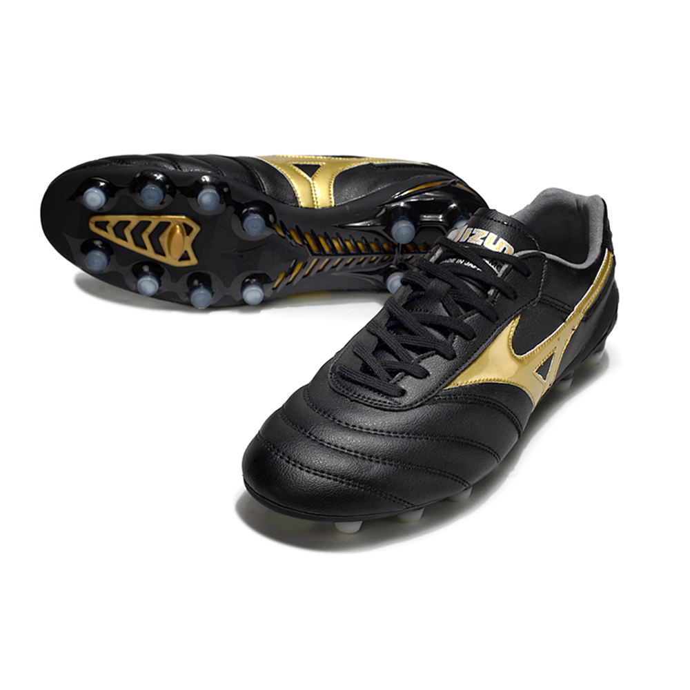 Chuteira Campo Mizuno Morelia DNA FG Preta e Dourada "Aurum Pack"
