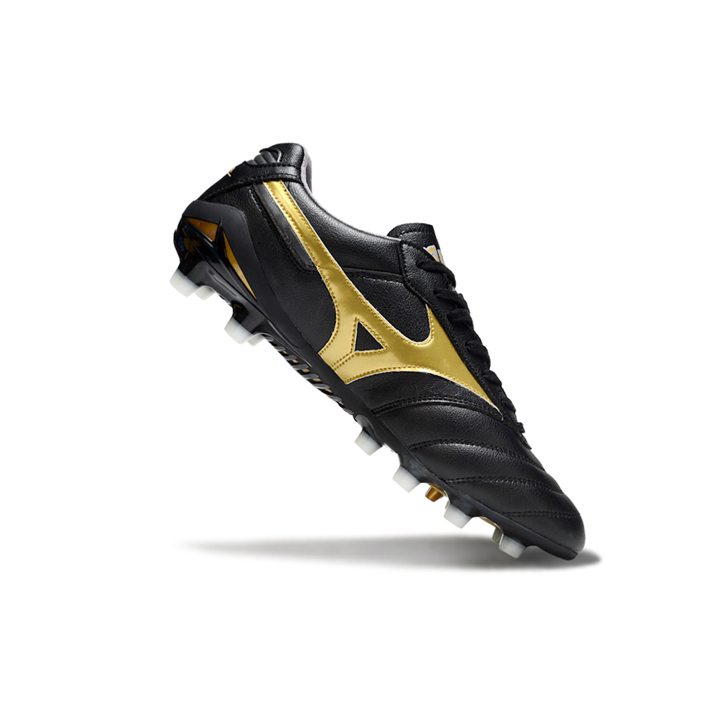 Chuteira Campo Mizuno Morelia DNA FG Preta e Dourada "Aurum Pack"