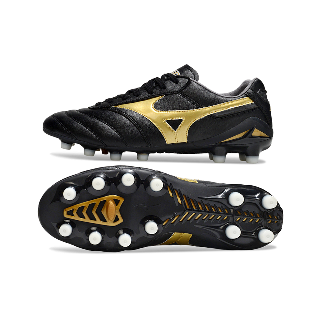 Chuteira Campo Mizuno Morelia DNA FG Preta e Dourada "Aurum Pack"