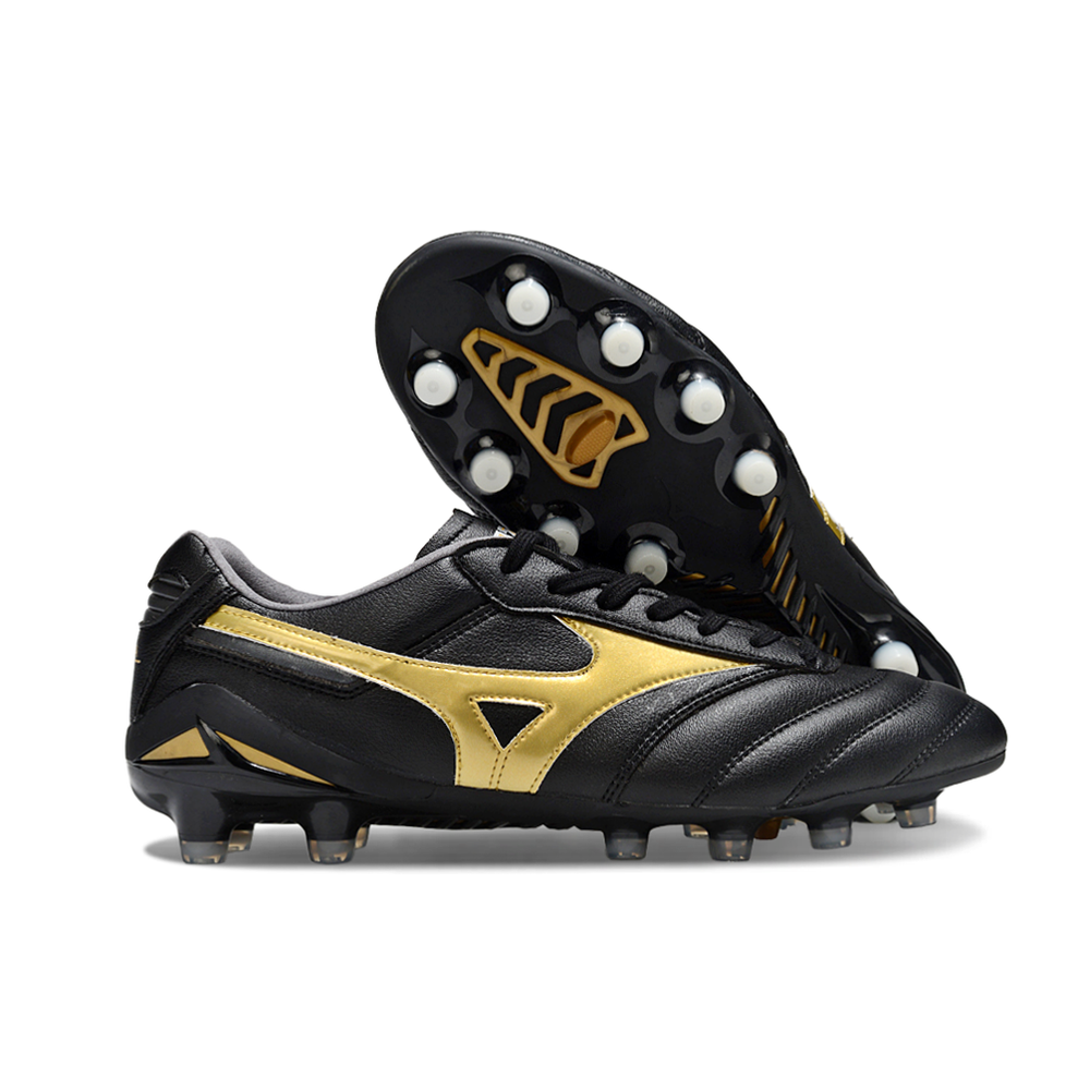 Chuteira Campo Mizuno Morelia DNA FG Preta e Dourada "Aurum Pack"