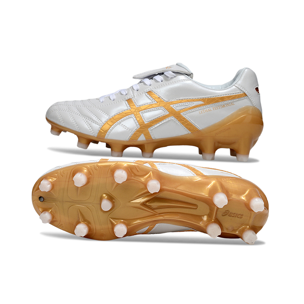Chuteira Campo Asics Lethal Testimonial 4 FG Branca e Dourado