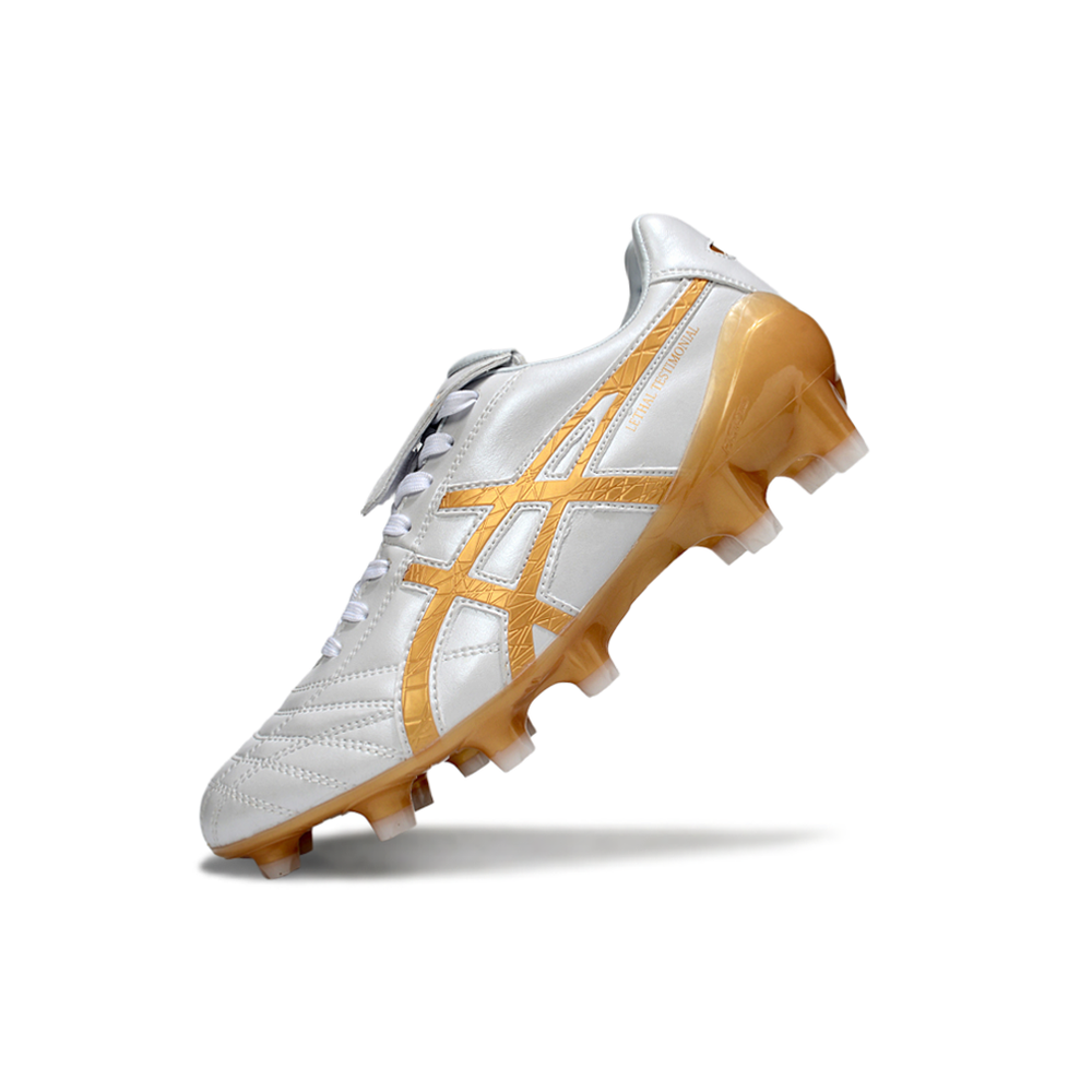 Chuteira Campo Asics Lethal Testimonial 4 FG Branca e Dourado