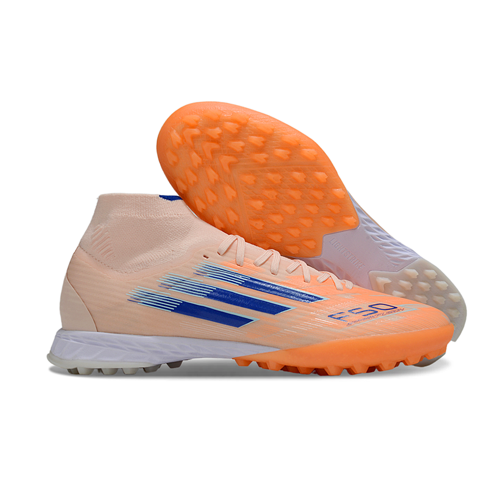 Chuteira Society Adidas F50 Cano Médio TF Rosa e Azul