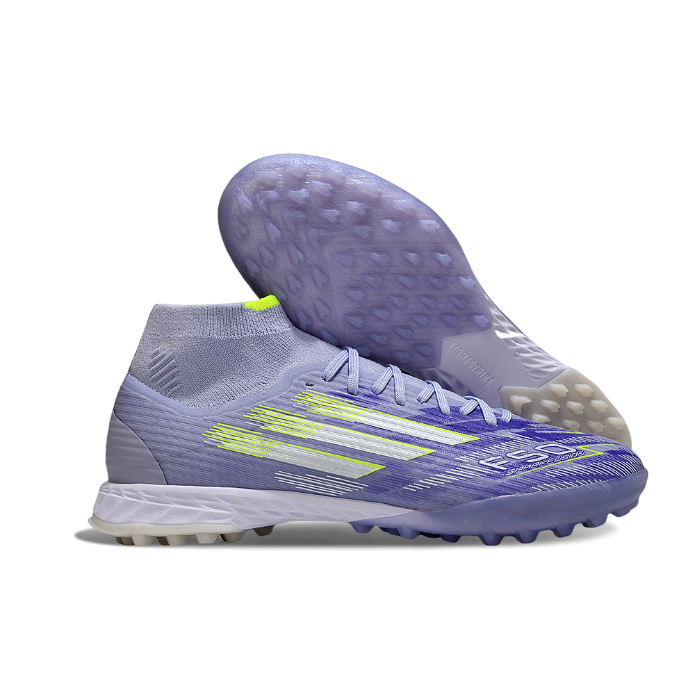 Chuteira Society Adidas F50 Cano Médio TF Roxo e Verde