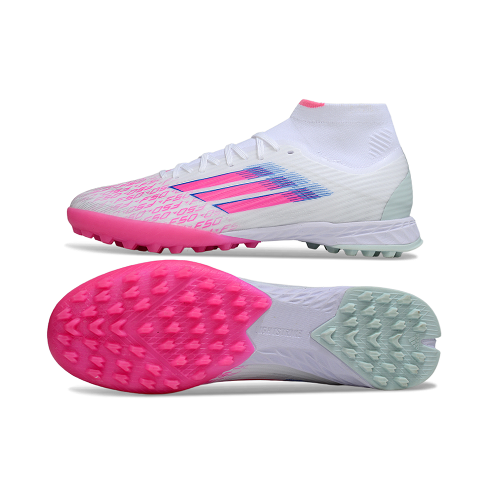 Chuteira Society Adidas F50 Cano Médio TF Branco, Rosa e Azul