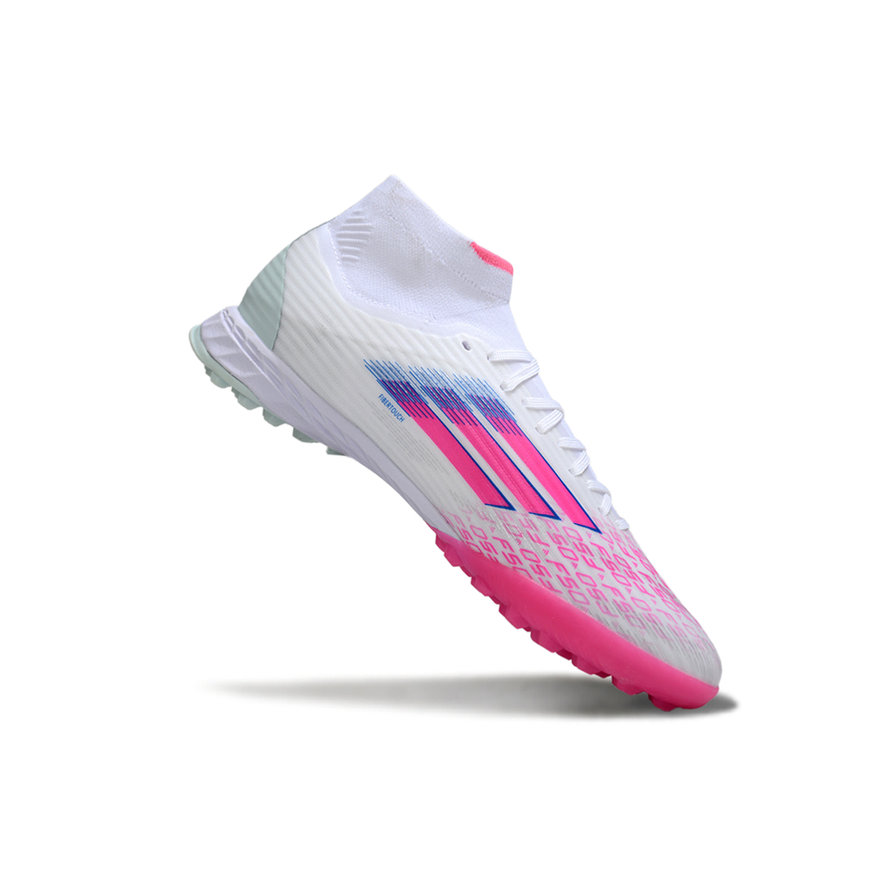 Chuteira Society Adidas F50 Cano Médio TF Branco, Rosa e Azul